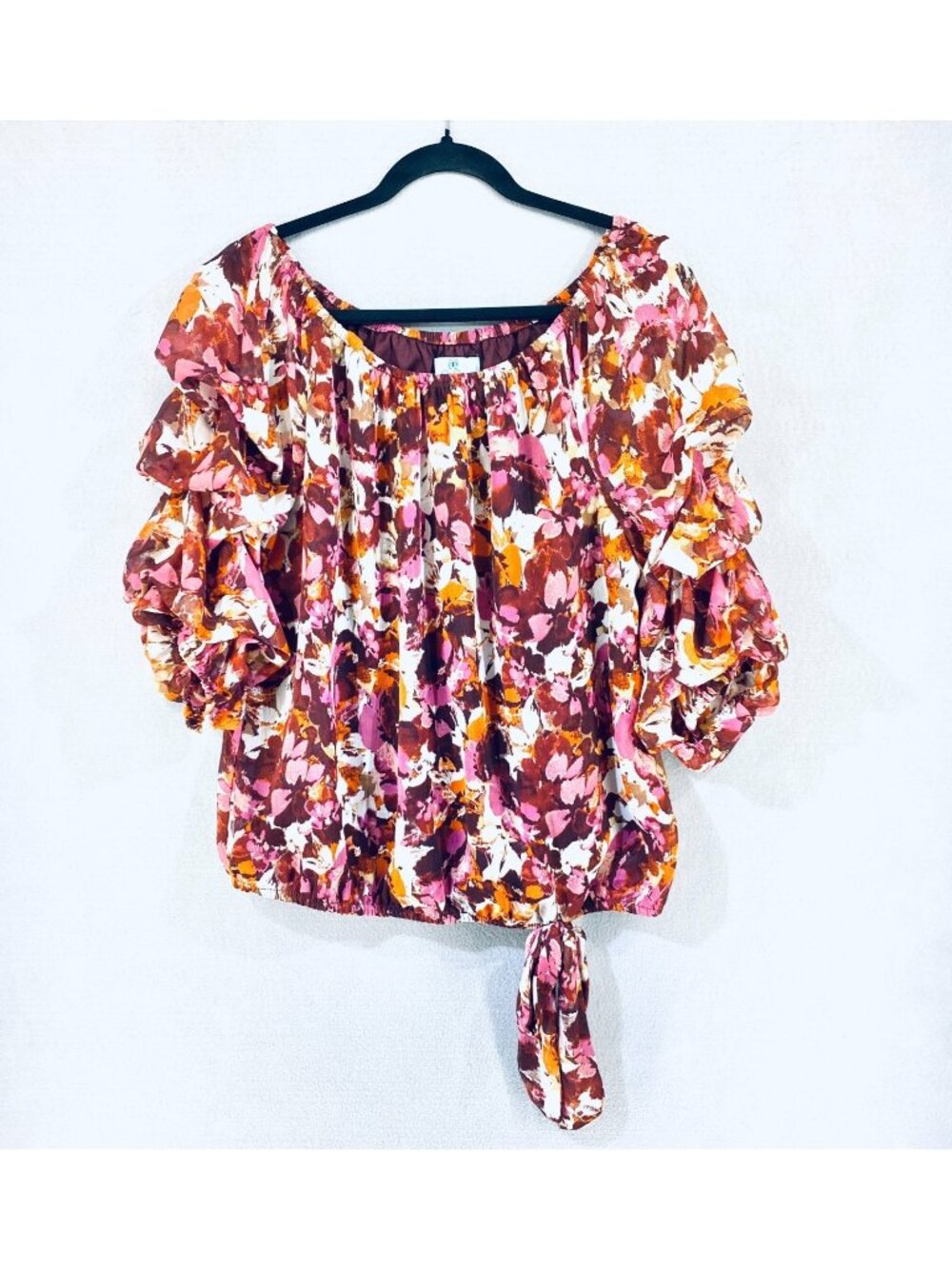 Cece Top Womens L Multicolor Floral Statement Sleeve Blouse Boho Career